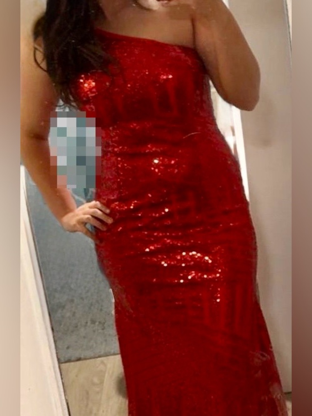 One-Shoulder Red Sequin Evening Gown